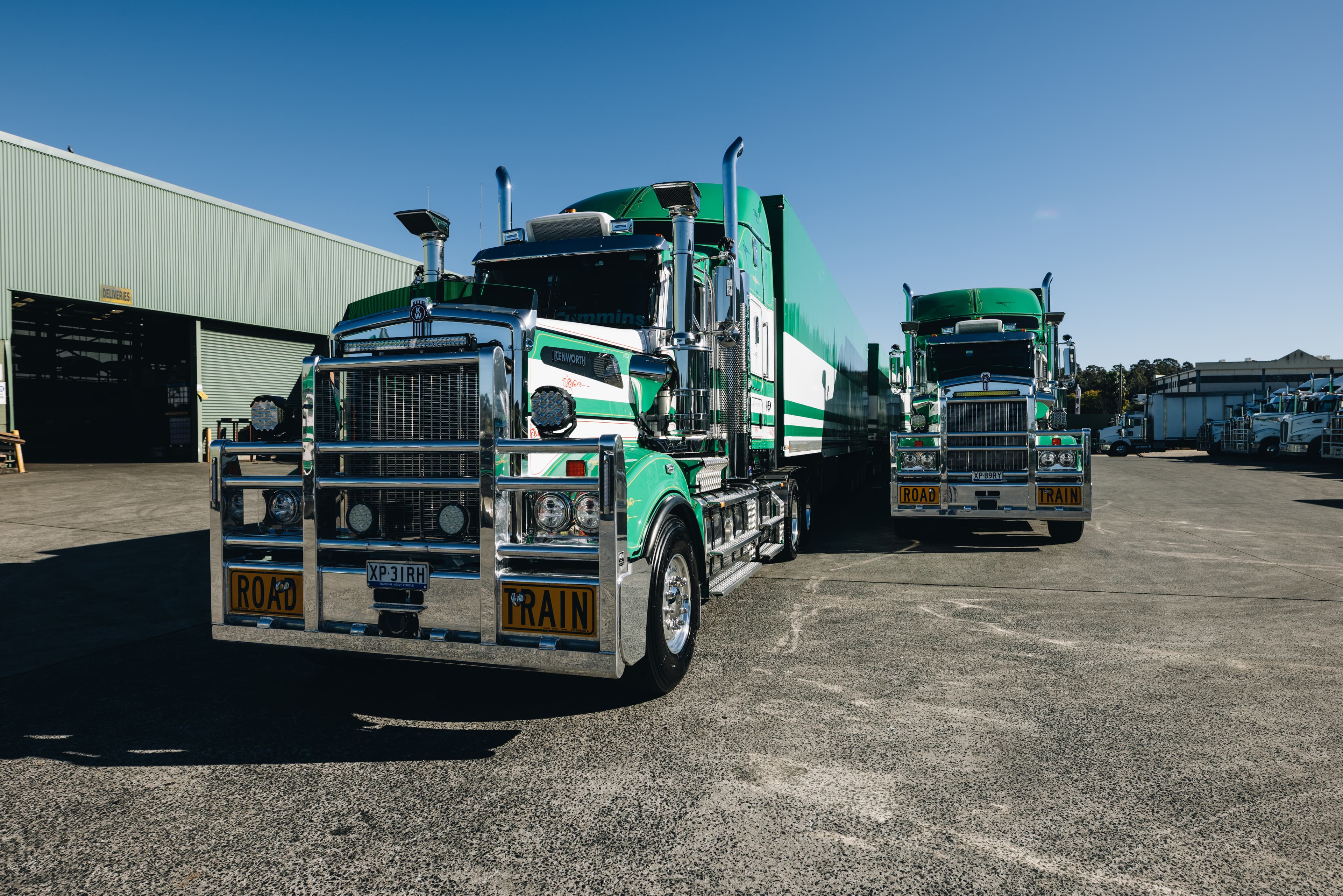Two Scarcella Kenworth road trains parked at the Campbelltown depot