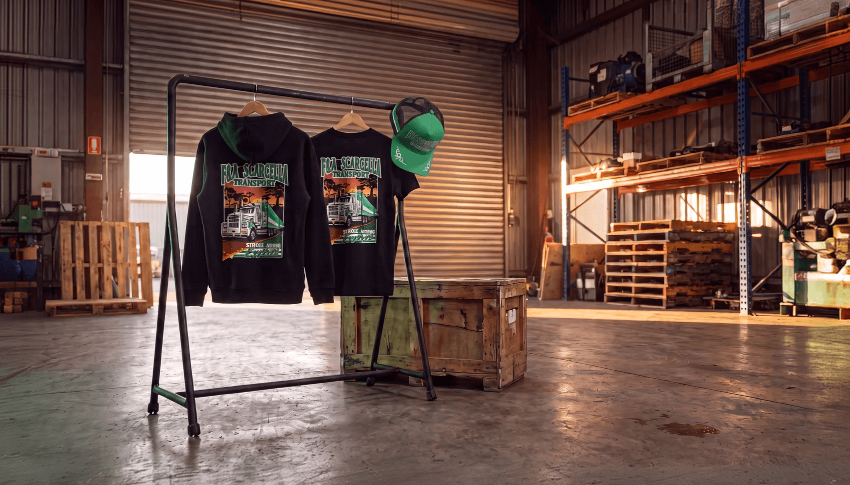 F&A Scarcella Transport hoodie, tee and trucker cap on a rack in the warehouse