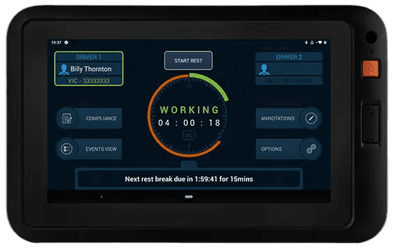Electronic Work Diary (EWD) showing driver hours and rest breaks